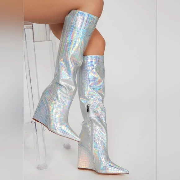Holographic Knee-High Heeled Silver Boots - Picture 6 of 8